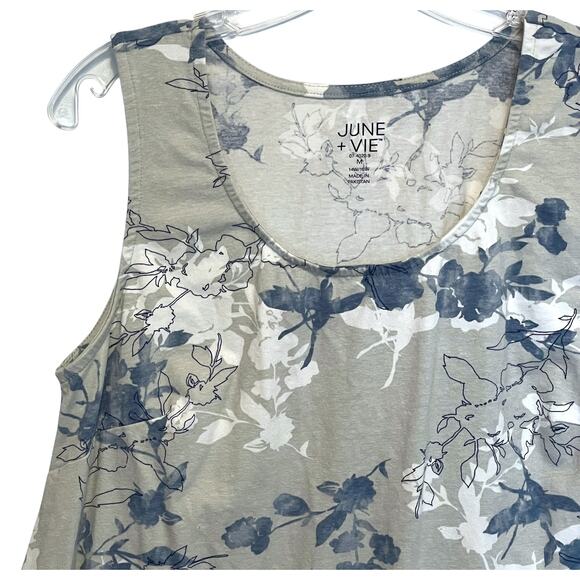 June + Vie Floral Tank Womens Medium Gray Blue Cotton Casual Swing Top - Picture 2 of 7